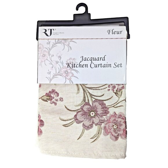 Fleur Jacquard Kitchen Curtains Floral Lavender Purple Tan Brown Valance Tiers - Picture 1 of 4